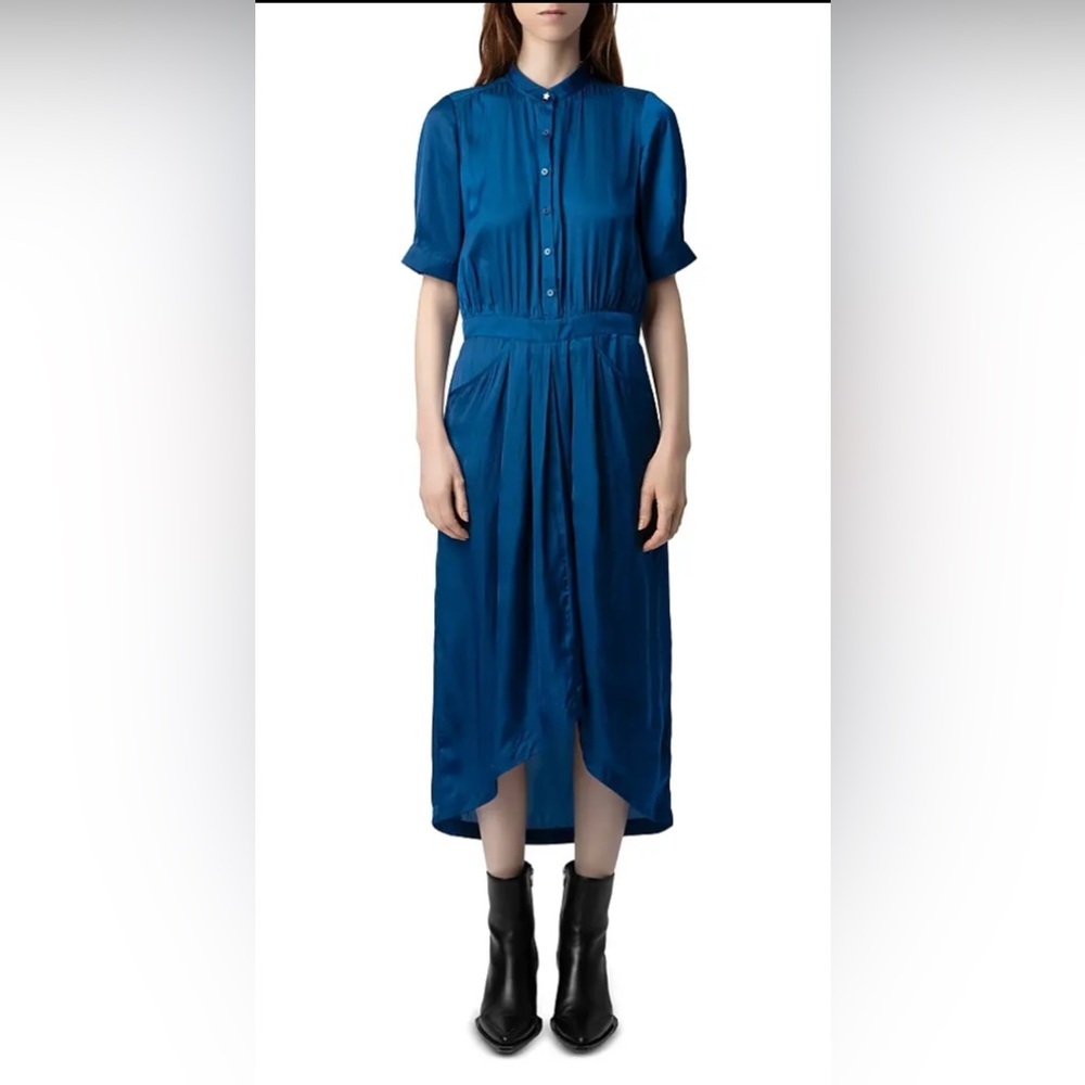 ZADIG & VOLTAIRE NWT Blue Rima Satin Midi Dress - Overseas Star Button Detail - Picture 2 of 16